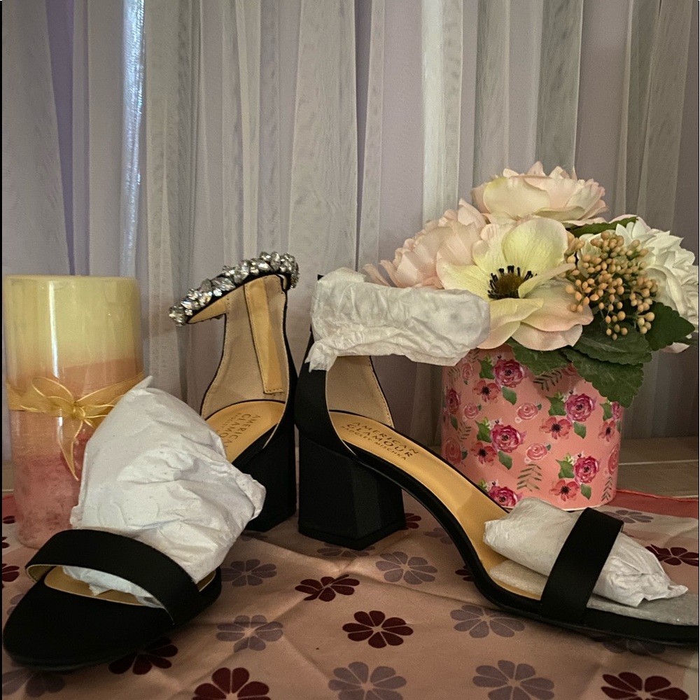 New in the box Charm style  Badgley Mischka black satin 2 1/2” heel.